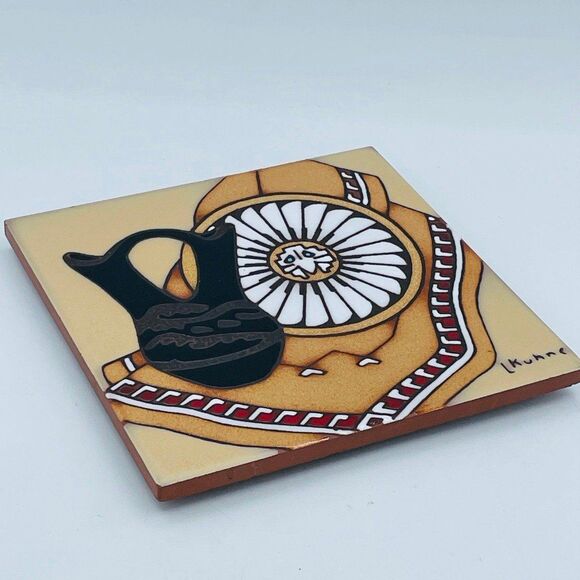 Earth tones Pottery Kachina Square Trivet Southwestern Style Tile L. Kuhne 1984 - Picture 2 of 7